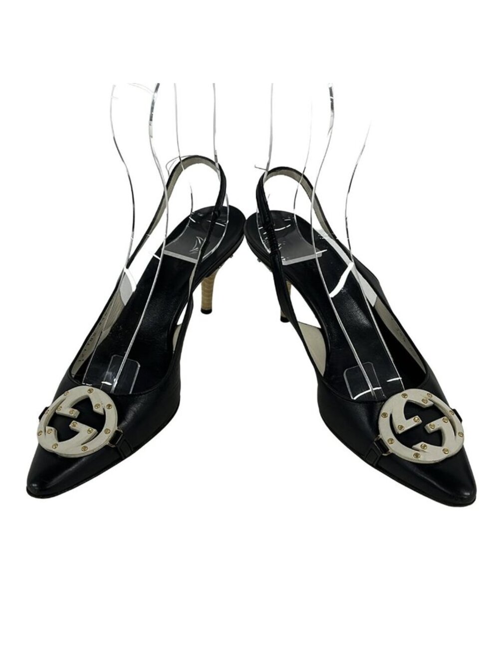 Gucci Sandals 34.5 C Black Light Gray Interlocking Studs Leather - Picture 2 of 6